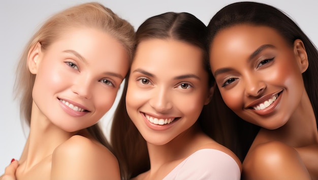 Three beautiful young women with different skin types