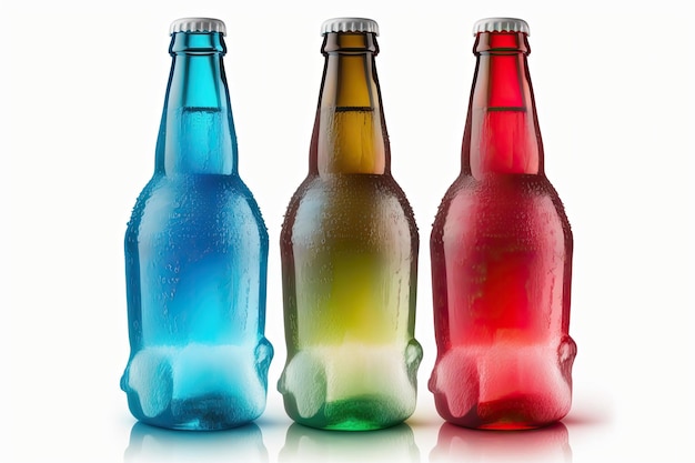 Three beer bottles on ice against a white background Clipping paths are included in the file