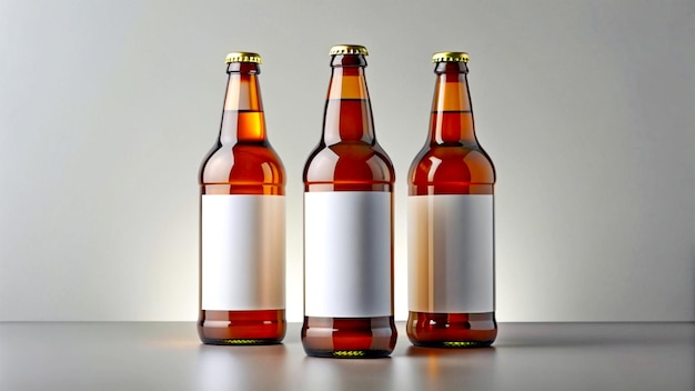 Photo three beer bottles mockup on a grey background