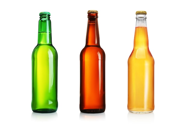 Three beer bottles without label isolated on white background