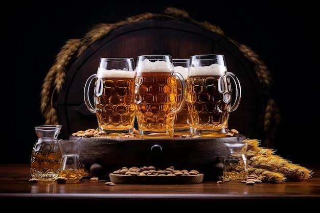 Three beer glasses on a wooden board