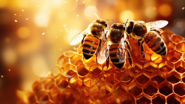 Three bees collecting honey on a honeycomb High quality photo