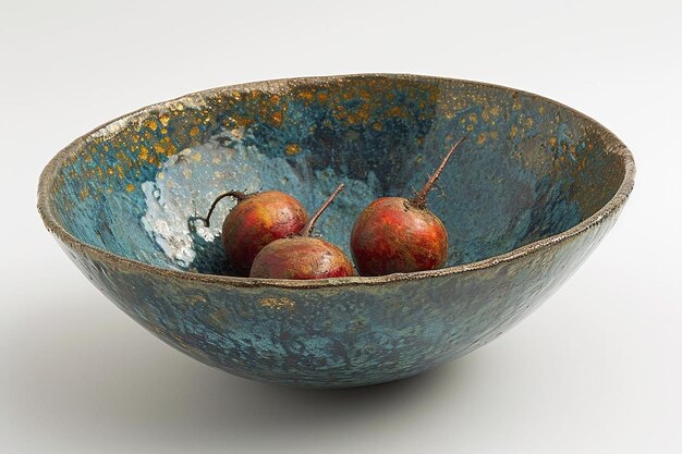 Three beets in blue wooden bowl on white