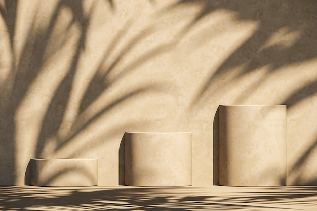 Photo three beige podium on sunshade and plants shadows on wall