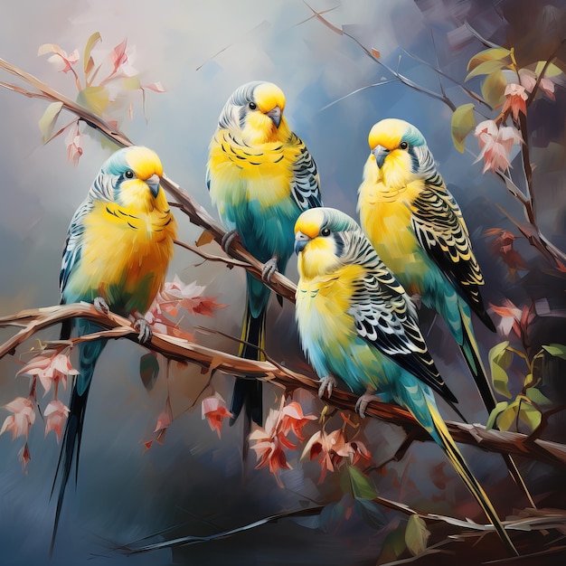 three birds are sitting on a branch with flowers in the background