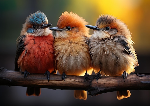 Foto tre uccelli sono seduti su un ramo con il sole dietro di loro
