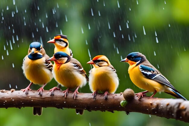 Three birds are standing on a branch and one of them has a rain drop on the top