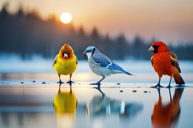 Фото Три птицы стоят на мокрой поверхности, одна из которых синяя, а другая - синяя.