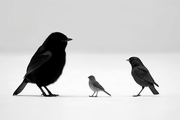 three birds are standing on a white surface, one of which is black