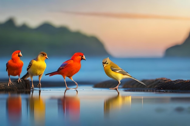 Photo three birds on the beach with a sunset background