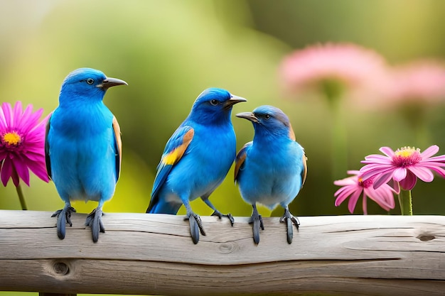 Three birds on a branch with a pink flower in the background