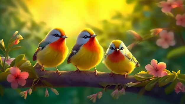 Three birds on a branch with the sun behind them.