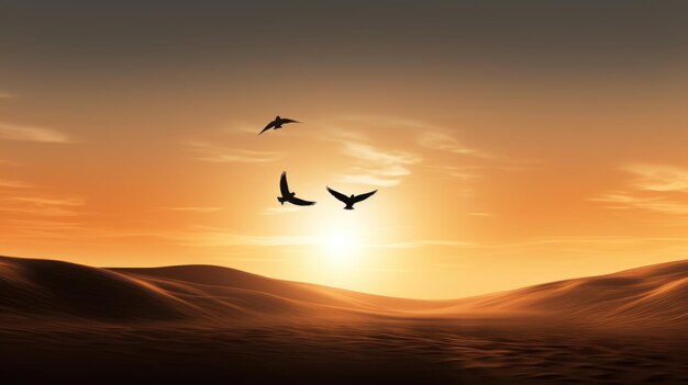 Photo three birds in the desert at sunset