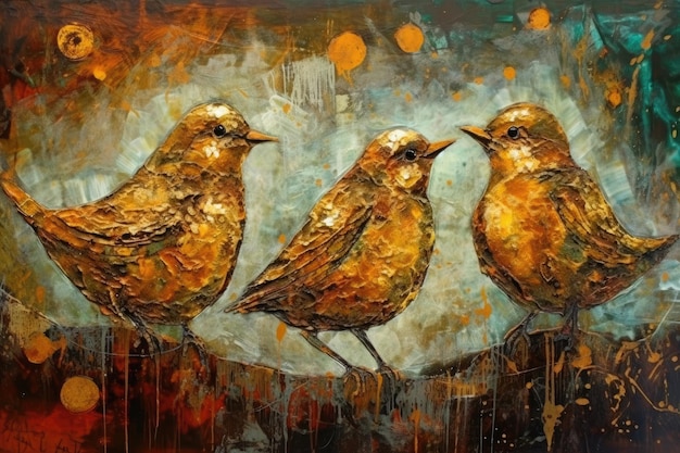 Три птицы сидят на ветке в естественной обстановке