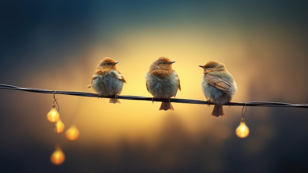 写真 ワイヤーの上に座っている3羽の鳥