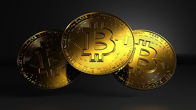 사진 검은 배경에 떠 있는 3개의 bitcoin 동전 암호 화폐의 뉴스 장식에 이상적