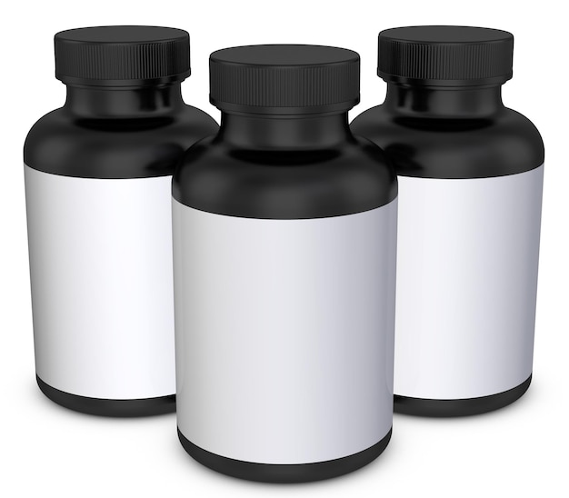 Three black bottles of medicine with white labels that say " the word " on the front.