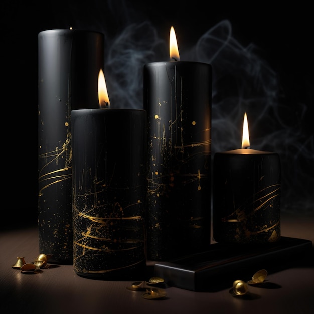 Three black candles are lit with gold foil on a dark background