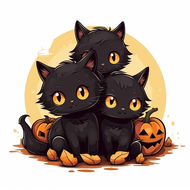 three black cats sitting on top of a pumpkin with a yellow background generative ai