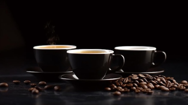 Three black cups with coffee and saucers on black background