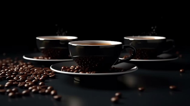 Three black cups with coffee and saucers on black background