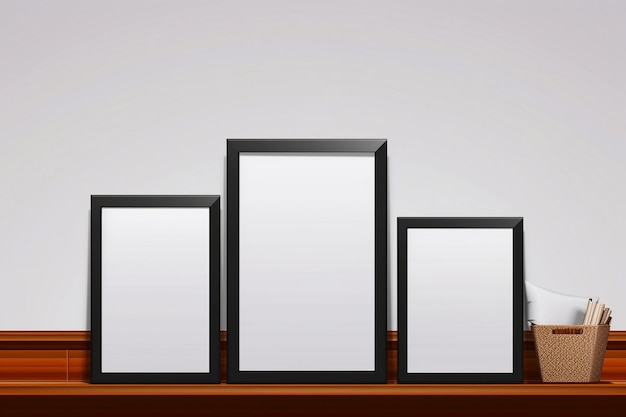 3개의 검정 액자 사진이 선반에 있으며 하나는 하단에 단어로 표시되어 있습니다.