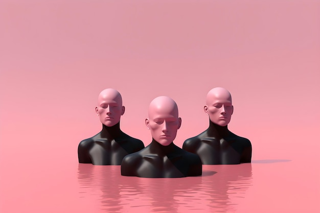 분홍색 머리를 가진 세 개의 검은 마네킹이 분홍색 물에 앉아 있습니다.