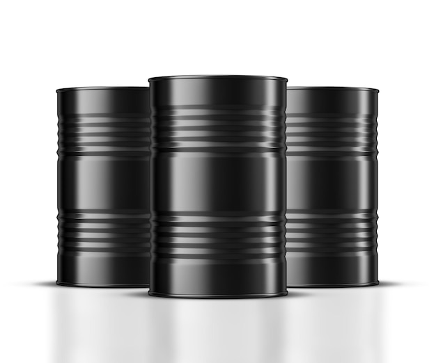 Three Black Oil Barrels Mockup on white 3d rendering