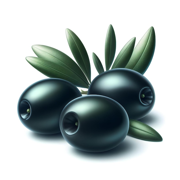 Foto tre bacche e foglie di olive nere isolate su sfondo bianco