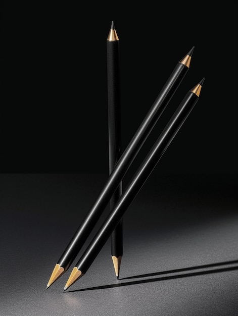 Three black pencils are standing in a group.