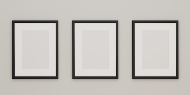 Three black picture frame mock up on the wall. 3d rendering.