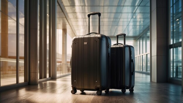 Photo three black travel suitcases in airport lobby