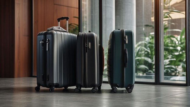 Three black travel suitcases in airport lobby