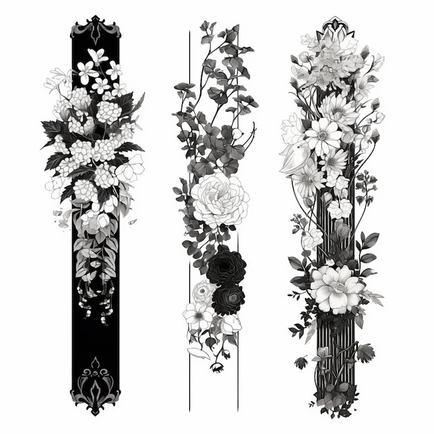 three black and white floral designs on a white background generative ai