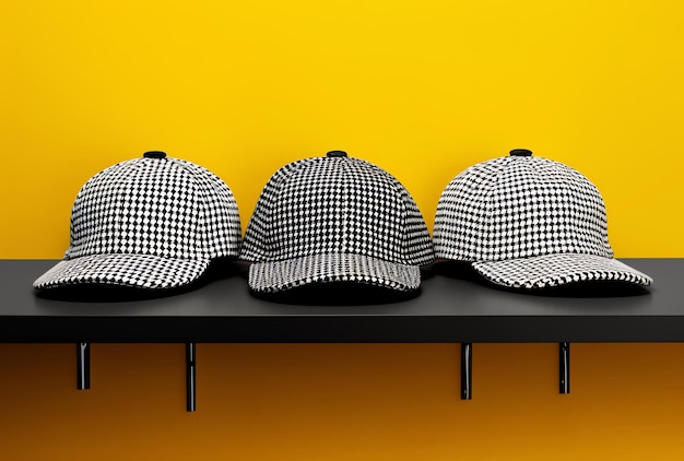 Three black and white hats are lined up on a shelf.