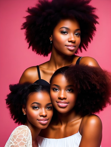 Photo three black women with natural hair on a pink background