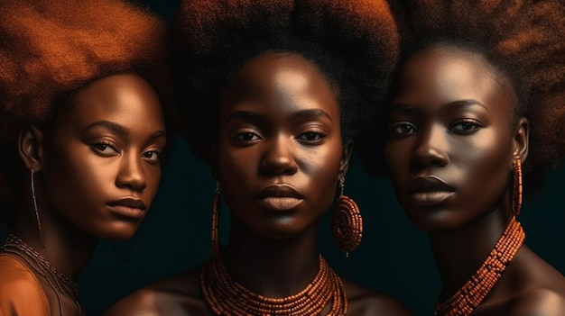 Three black women with their heads turned to the left and the word black on the right.