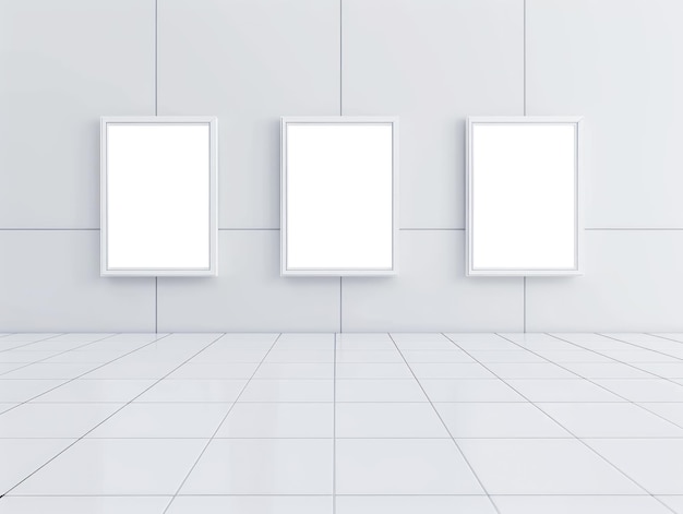 Photo three blank canvas frames on a wall in a gallery interior with a tiled floor ai generative illustration