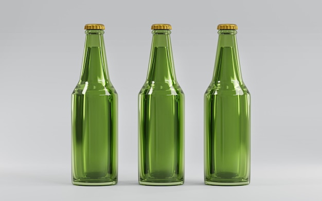 Foto render 3d del modello di mockup di tre bottiglie di birra in vetro verde vuoto