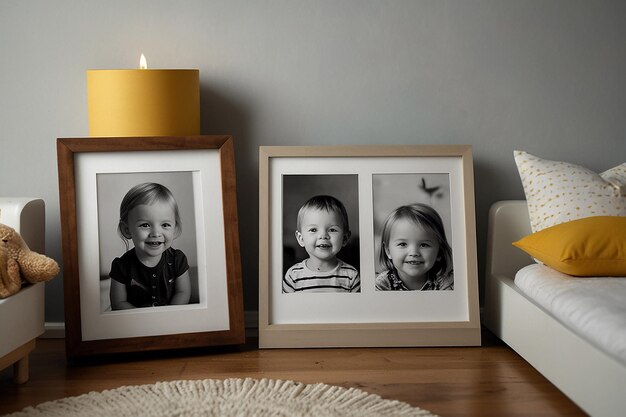 Foto tre cornici di foto vuote nella camera da letto del bambino