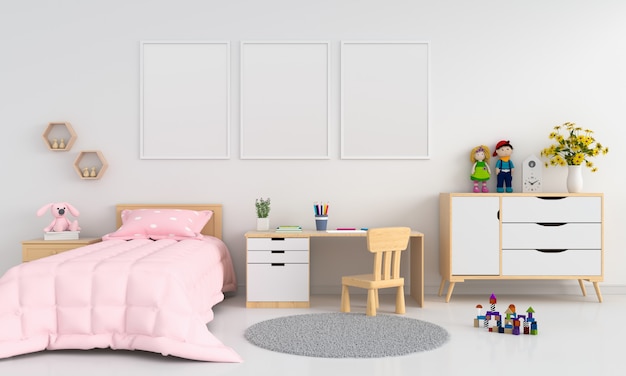 Three blank photo frame for mockup in childern bedroom interior