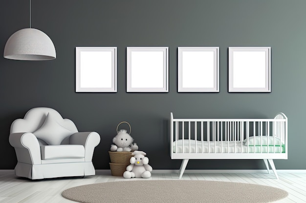 Three blank photo frames on a nursery room wall for mockup