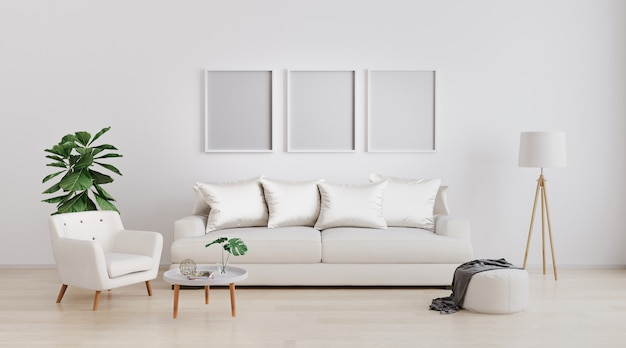 Three blank photo frames on wall. Insert your photo. Modern interior of living room