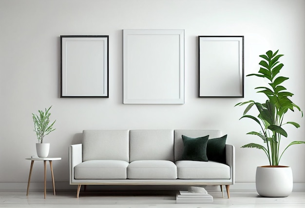 Three blank picture frame mockups on a wall Square orientation Artwork templates in interior design AI Generated