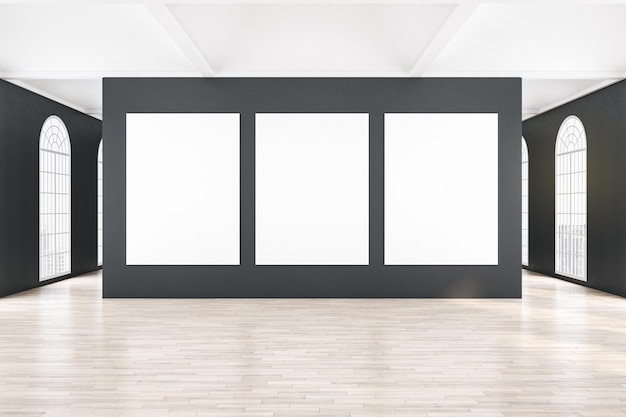 Three blank white banners in classical gallery interior