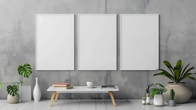 Three blank white frames on a gray concrete wall