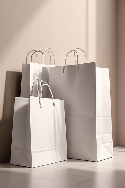 Three blank white paper shopping bags on the background of a beige wall with shadows mock up 3d rendering