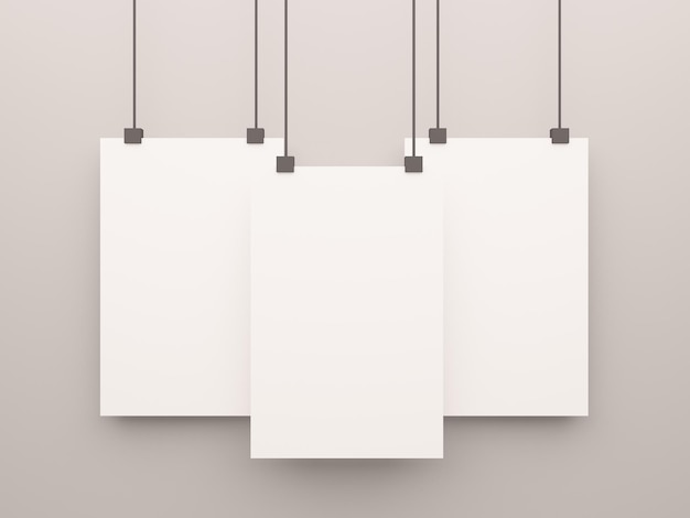 Three blank white posters mockup on gray background 3D rendering illustration