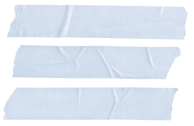 Three Blue Blank painter tape stickers isolated on white background Template mockup