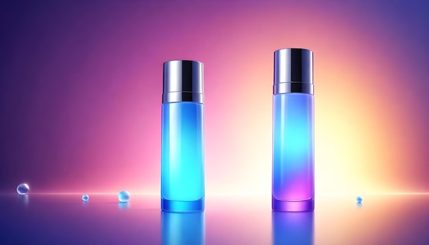 three blue bottles with one that has a blue light on it